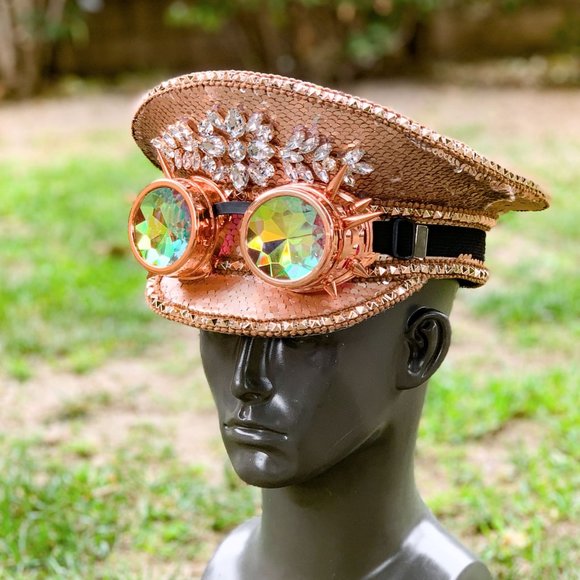 UNIMASQUERADE Accessories - Pink Steampunk Burning Man Captain Hat & Goggles Music Festival Party Costume